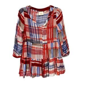 Anthropologie Maeve Lila Plaid Tiered Ruffle Tunic Small Red Blue Pockets